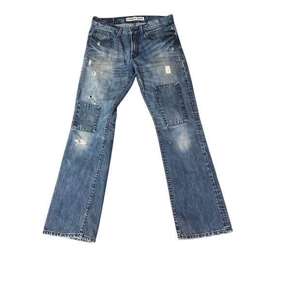 Express Rocco‎ Jeans Mens 32x34 Blue Denim Slim Fit Boot Cut Distressed Patches - Picture 1 of 3